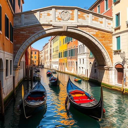Un canal de Venise avec des gondoles naviguant sous un pont en pierre et des bâtiments colorés de chaque côté