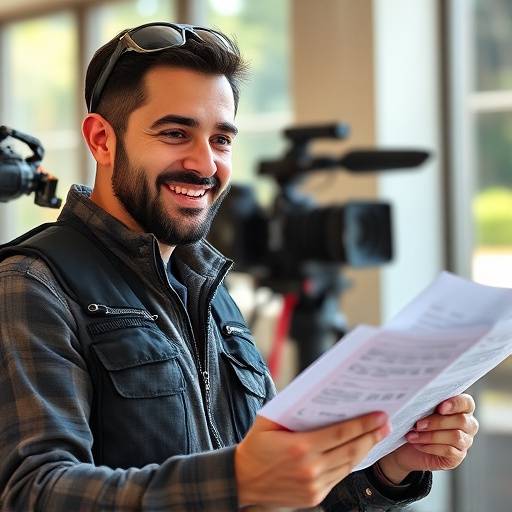 Un responsable de production examinant des documents de permis de tournage avec un sourire confiant.