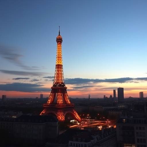 Vue panoramique de Paris avec la Tour Eiffel illuminée au coucher du soleil